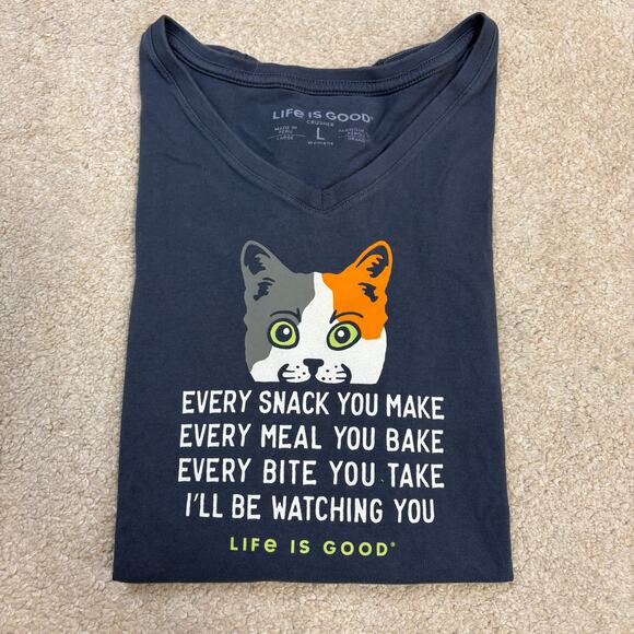 Life Is Good "Every Snack You Make" Cat Graphic V-Neck T-Shirt Size L - Picture 1 of 5